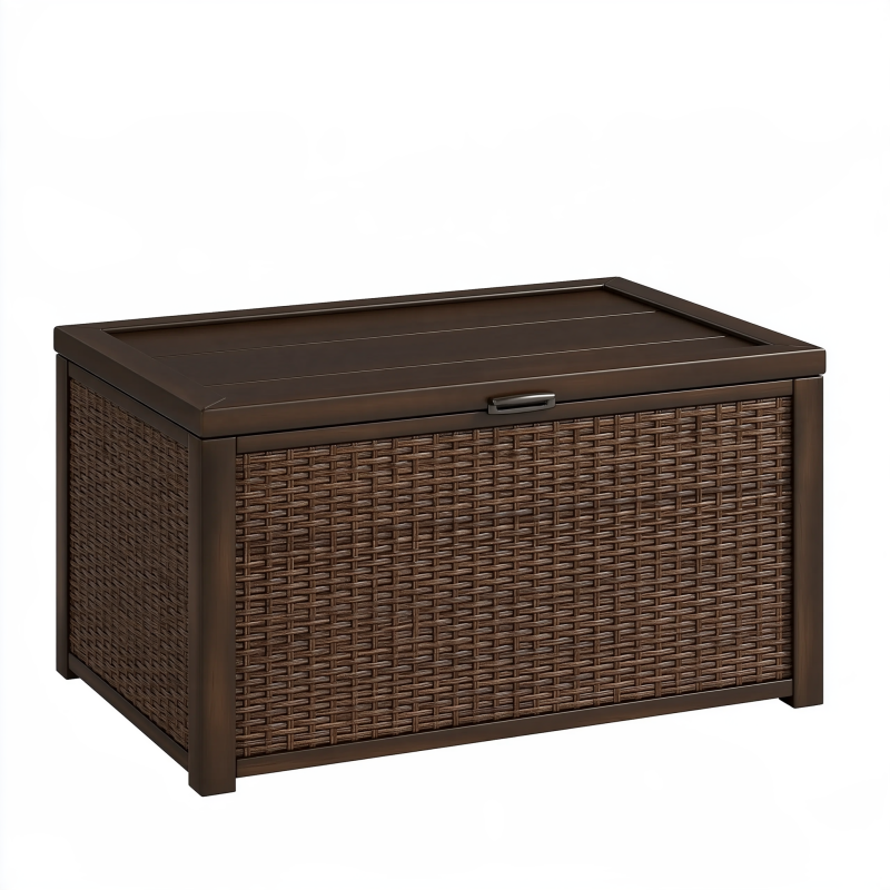 Coffre de rangement extérieur 120 x 60 x 65 cm en résine tressée marron foncé avec couvercle