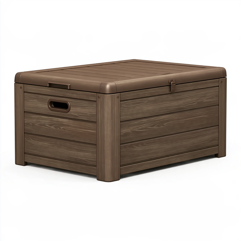 Coffre de rangement 120 x 60 x 60 cm en plastique brun effet bois pour extérieur avec couvercle à loquet