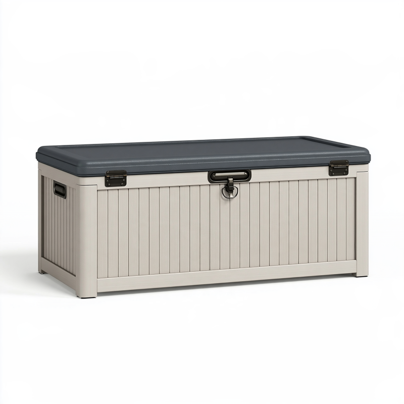 Coffre de rangement extérieur 120 x 55 x 60 cm en résine beige et gris avec couvercle verrouillable