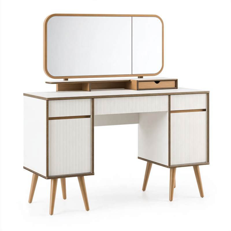 Coiffeuse 120 x 45 x 150 cm en panneaux de bois crème et bois naturel avec miroir et rangements