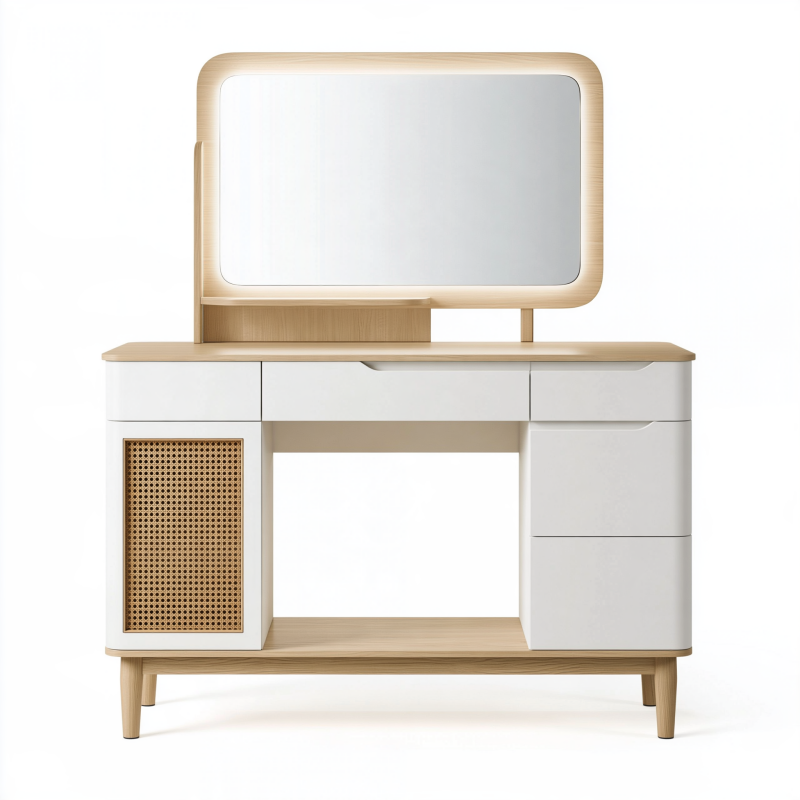 Coiffeuse 120 x 45 x 160 cm en bois blanc et chêne avec miroir et rangement style contemporain
