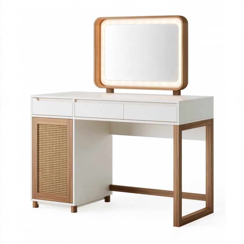 Coiffeuse 120 x 50 x 150 cm blanche et bois avec miroir lumineux et rangement style naturel
