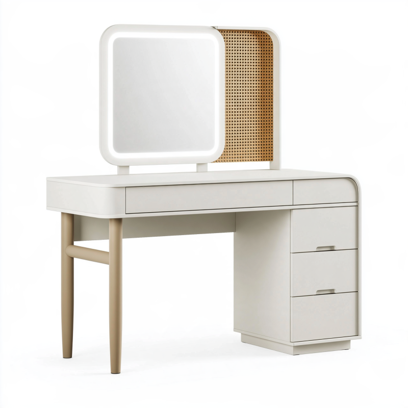 Coiffeuse 100 x 45 x 135 cm blanche en bois avec miroir éclairé et cannage - rangement contemporain