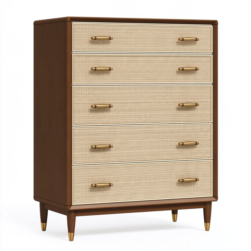 Commode 5 tiroirs 80 x 45 x 120 cm bois marron et cannage naturel style rétro