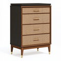 Commode 80 x 45 x 120 cm en bois brun et noir avec 4 tiroirs en cannage style vintage