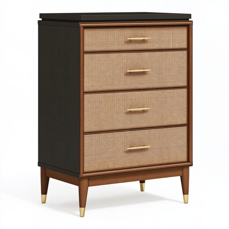 Commode 80 x 45 x 120 cm en bois brun et noir avec 4 tiroirs en cannage style vintage