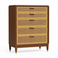 Commode 90 x 45 x 120 cm en bois marron et rotin tressé à 5 tiroirs style rétro
