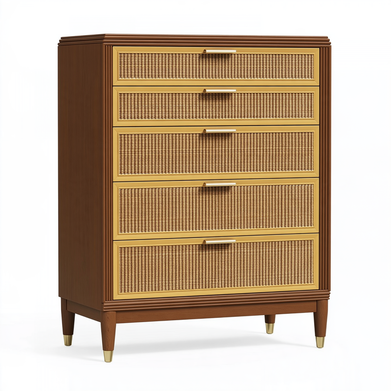 Commode 90 x 45 x 120 cm en bois marron et rotin tressé à 5 tiroirs style rétro