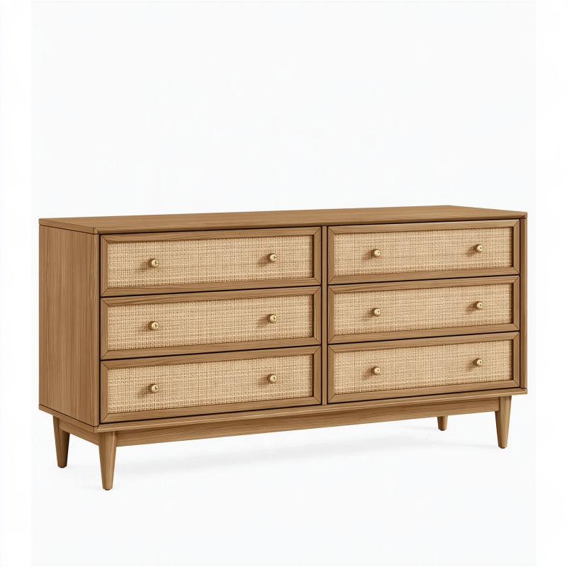 Commode 150 cm en bois brun et rotin tressé à 6 tiroirs style vintage