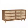 Commode 150 x 45 x 85 cm en bois marron avec cannage naturel à 6 tiroirs style rétro