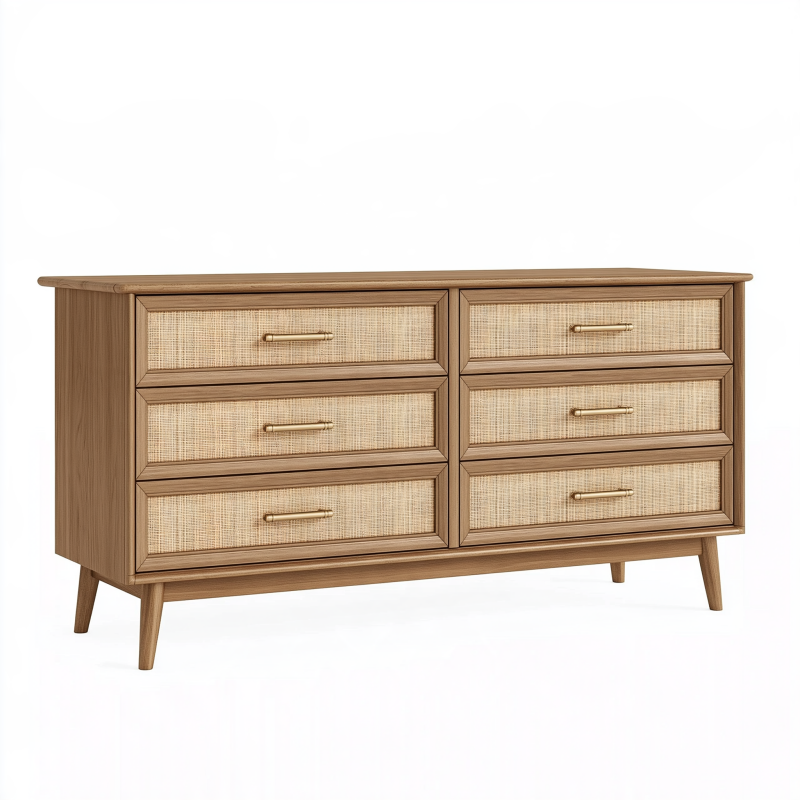 Commode 150 x 45 x 85 cm en bois marron avec cannage naturel à 6 tiroirs style rétro