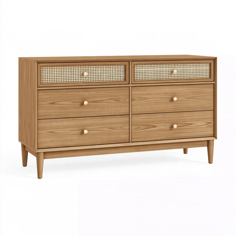 Commode 140 x 40 x 85 cm aspect chêne et cannage - rangement à 6 tiroirs style rétro
