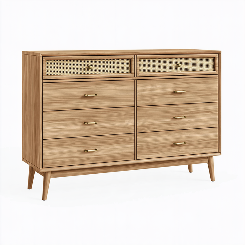 Commode 160 x 45 x 90 cm en bois naturel avec 8 tiroirs cannage style rétro