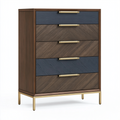 Commode 80 x 40 x 120 cm à 5 tiroirs effet bois brun bleu et métal doré style contemporain