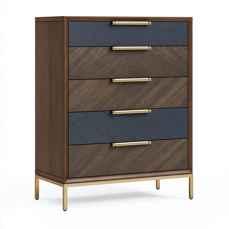Commode 80 x 40 x 120 cm à 5 tiroirs effet bois brun bleu et métal doré style contemporain