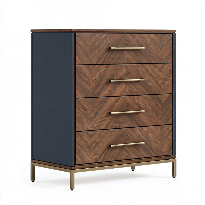 Commode 90 x 45 x 110 cm en panneaux de bois noyer bleu foncé à 4 tiroirs style contemporain