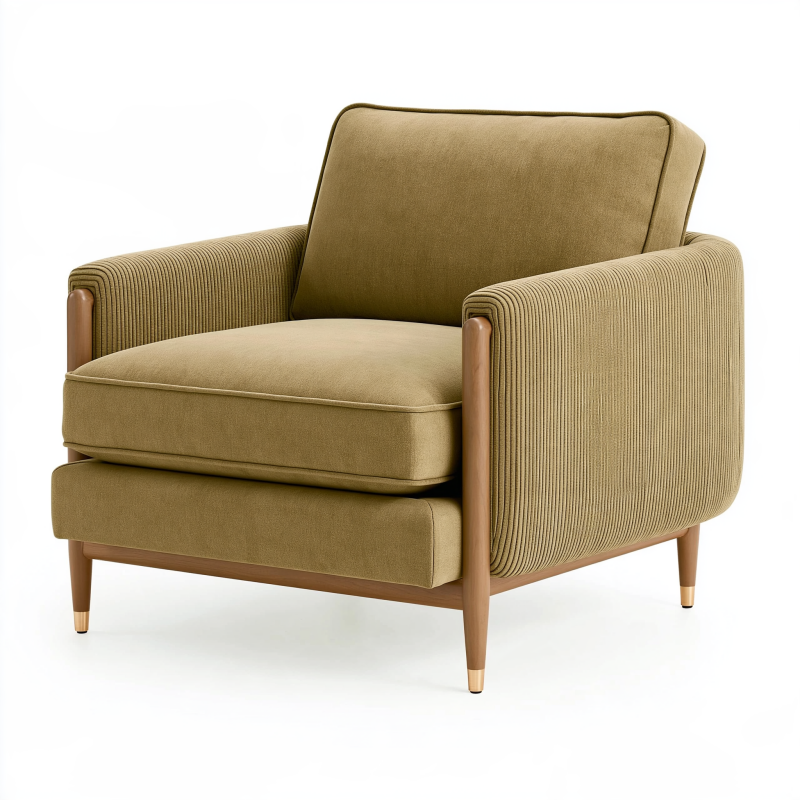 Fauteuil 85 x 88 x 86 cm en tissu côtelé kaki avec structure en bois style rétro