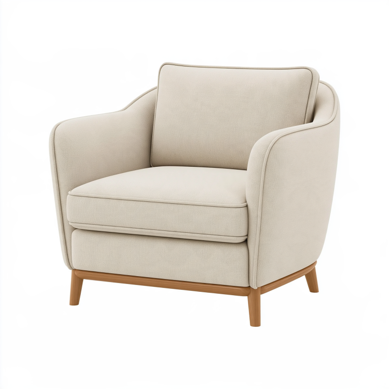 Fauteuil 80 x 85 x 85 cm en tissu beige avec pieds en bois style contemporain
