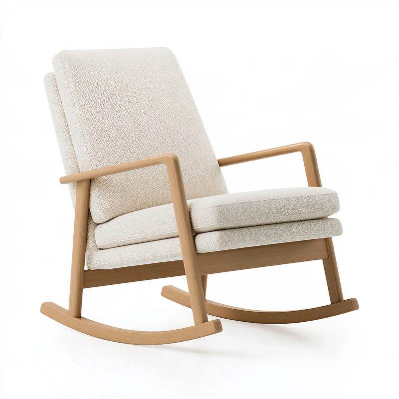Fauteuil à bascule 92 x 68 x 98 cm en bois et tissu bouclé beige style scandinave