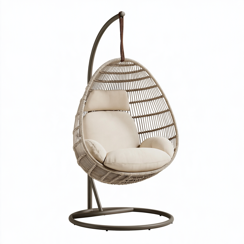 Fauteuil suspendu 105 x 105 x 195 cm en fibres tressées beige avec support métallique
